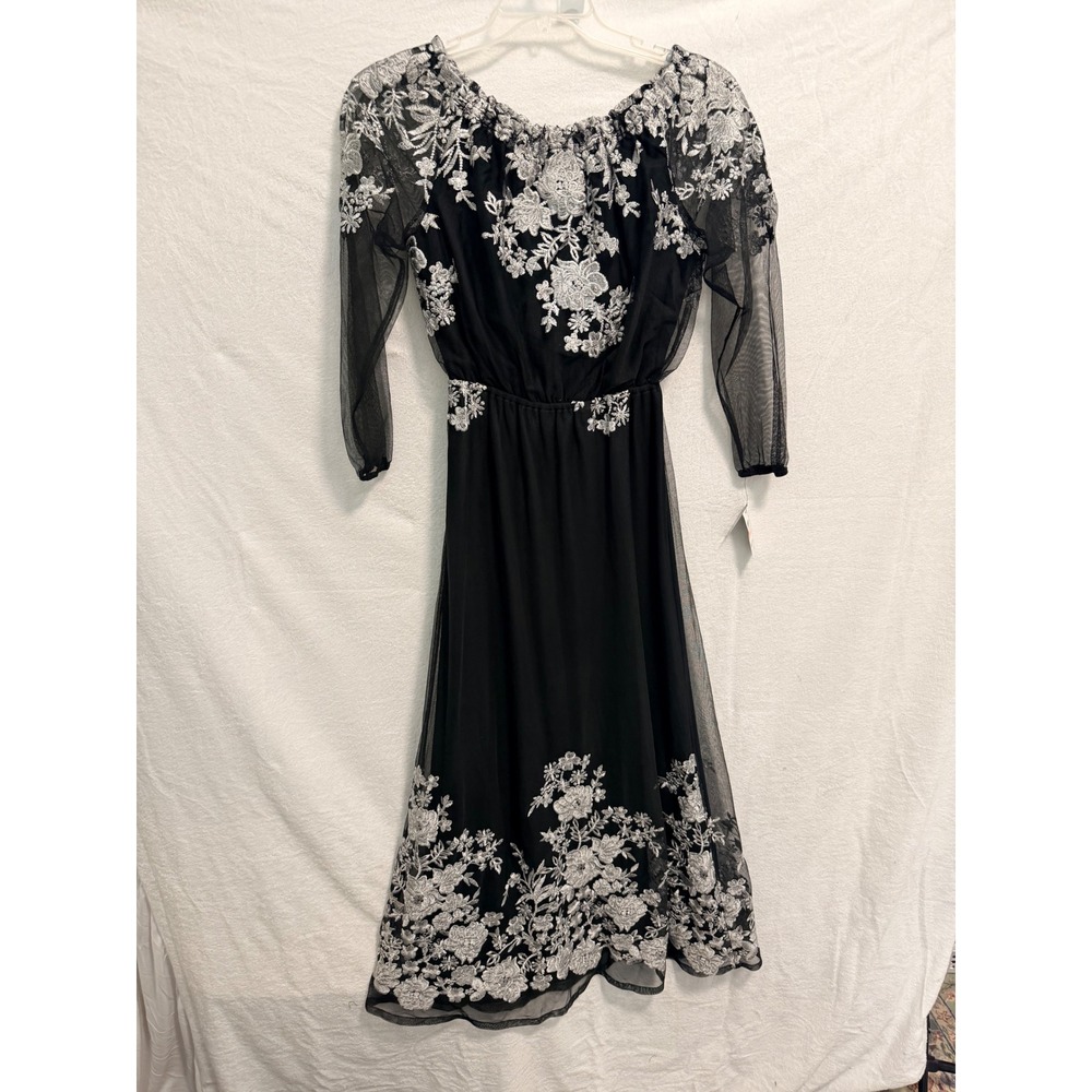 INC International Concepts Black Silver Floral Embroidered Mesh Midi Dress 2 NEW